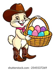 Happy Easter. Cowboy rabbit with Easter eggs in basket. Vector isolated illustration.