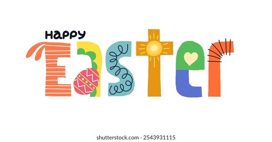 Happy Easter creative art drawing lettering. Paschal celebration inscription for greeting card. Springtime holiday colorful letters logo. Artwork typography with cute bunny ears and egg. Eps badge