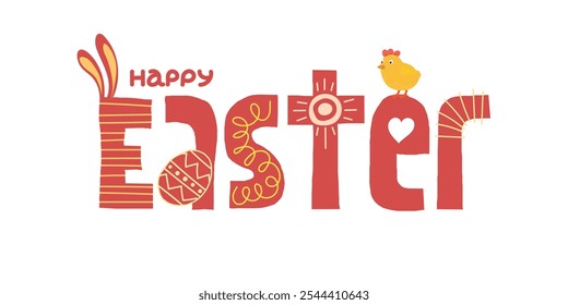 Happy Easter creative art drawing lettering. Paschal celebration inscription for greeting card. Springtime holiday colorful letters logo. Artwork typography eps badge. Cute bunny ears and funny chick