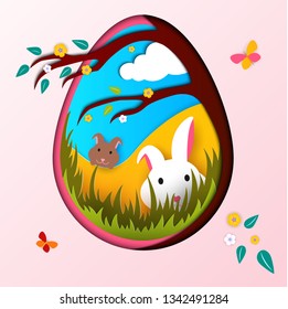 Happy Easter creative background. Paper cut 3d abstract illustration of colorful bunny, grass, butterflies, flower, tree. Trendy greeting card design. Invitation holiday template for kids and children