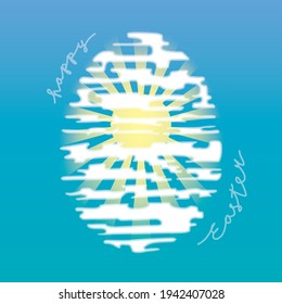 Happy Easter Creative Concept with Sun and Japanese Style Clouds Egg Shape Composition and Logo Lettering - White and Yellow on Blue Sky Background - Vector Hand Drawn Design