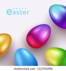 Happy Easter creative design with bright 3d realistic multi colored, gradient, golden Easter eggs isolated on white background for web banner, greeting card, poster, holiday cover, social media ads. 