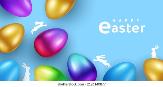 Happy Easter creative design with bright 3d realistic multi colored, gradient, golden Easter eggs and hand drawn bunnies. Modern holiday template for web banner, greeting card, advertising sale poster