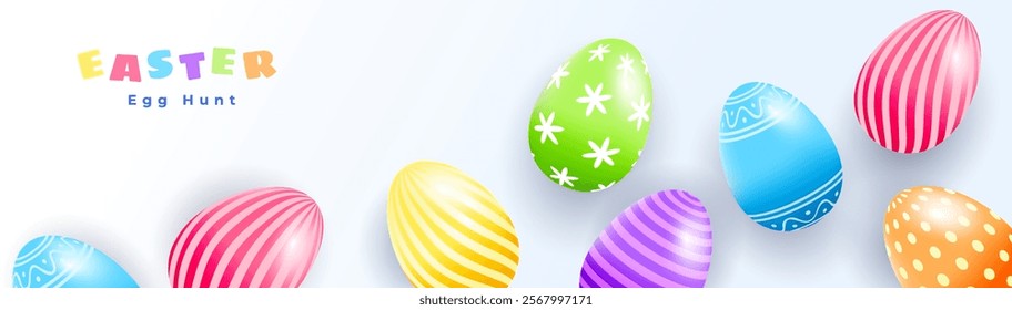 Happy Easter creative design with realistic 3d vector multi colored Easter eggs. Modern template for greeting banner, card, advertising sale, web, horizontal poster.