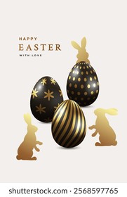 Happy Easter creative design with realistic 3d Easter eggs in black and gold color and hand drawn bunnies. Modern template for greeting banner, card, advertising, sale, web, poster.