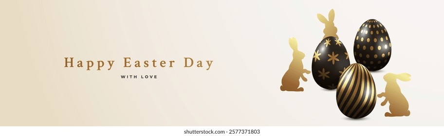 Happy Easter creative design with realistic 3d Easter eggs in black and gold color and hand drawn bunnies. Modern template for greeting banner, card, advertising sale, web, horizontal poster.