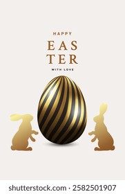 Happy Easter creative design with realistic 3d Easter eggs in black and gold color and hand drawn bunnies. Modern template for greeting banner, card, advertising, sale, web, poster.