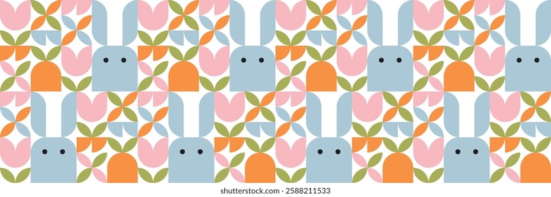 Happy Easter creative design. Trendy modern template with Easter bunnies in geometric bauhaus style. Horizontal poster, background, holiday banner, greeting card.