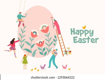 Happy Easter. Creative idea template with happy people decorating easter egg. Vector illustration. Can be used for banner, poster, greeting card, postcard and print.