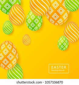 Happy easter creative orange background. 3d eggs with different original patterns. Place for text. Vector illustration.