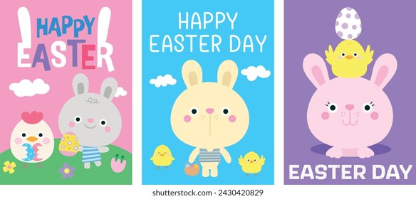 Happy Easter creative poster collection Set of easter greeting card with cute illustrations in cartoon style Egg hunt event invitation template Ideal for flyer postcard promo Vector illustration