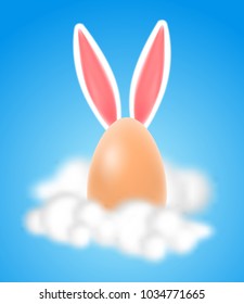 Happy Easter creative poster with egg and bunny ears in the blue sky and clouds. Design element, template wallpaper, flyers, invitation, brochure, greeting card.