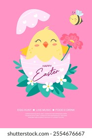 Happy Easter creative poster. Easter greeting card with cute illustration in cartoon style. Egg hunt event invitation template. Ideal for flyer, postcard, promo. Vector