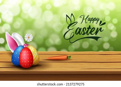 happy easter creative vector illustration with wooden table and nature background