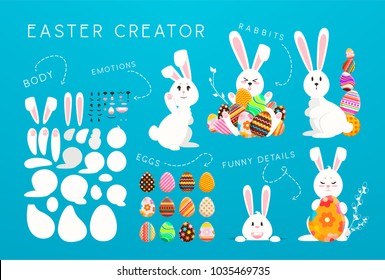 Happy Easter creator: funny rabbits with colorful eggs. Cute baby bunnys in different poses, emotions, decorative eggs collection. Trendy patterns, holiday easter background, vector illustration.