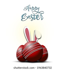 Feliz Pascua. Balón de críquet con orejas de conejo. Huevos de Pascua decorados en forma de bola de cricket en un entorno aislado. Patrón para tarjeta de saludo, pancarta, afiche, invitación. Ilustración del vector