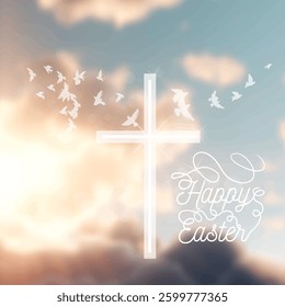 Happy Easter. Cross in the clouds hand drawn. Not AI, Vector illustration.