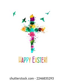 Happy easter cross colored. Flying birds. Vector illustration