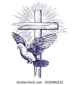 Happy easter, cross and dove, Easter. symbol of Christianity hand drawn vector illustration sketch