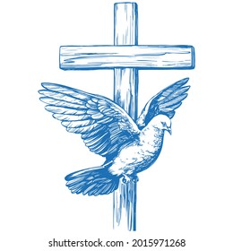 Joyeuses Pâques, croix et colombe, Pâques. symbole de l'illustration vectorielle dessinée à la main du christianisme : image vectorielle de stock