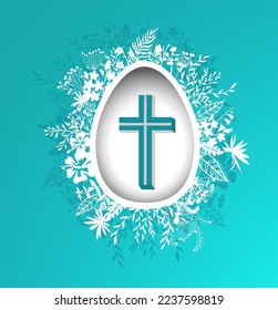 Happy easter. Cross, egg and grass. Vector illustration