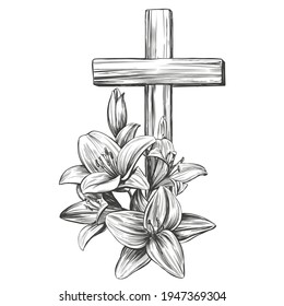 Happy easter, cross and floral blooming lilies, Easter. symbol of Christianity hand drawn vector illustration sketch