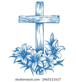 Happy easter, cross and floral blooming lilies, Easter. symbol of Christianity hand drawn vector illustration sketch