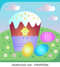 Happy easter! Easter cupcake and Easter eggs against the background of the spring sky and meadows. Greeting card, invitation, billboard, illustration and more.