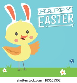 Happy Easter Custom Message Background Vector | Duck With Rabbit Ears