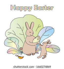 Happy Easter! Cut rabbit family prepares for the holiday by decorating an egg in a bunny. Vector illustration in cartoon style. Image for postcards, children`s book.
