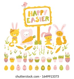 Happy easter. Cute animal cats in costumes with rabbit ears. Wooden sign with the inscription. Painted eggs, cupcakes, spring flowers. Vector childish illustration in cartoon hand-drawn style