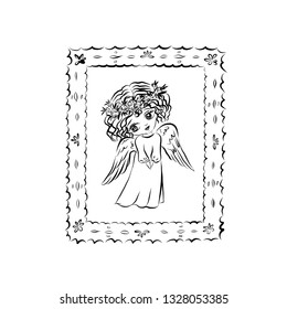 Happy easter. Cute baby angel with a wreath of flowers on her head. Graphic vintage linear drawing. Concept for religious holidays. Biblical heavenly symbol of man with wings. 