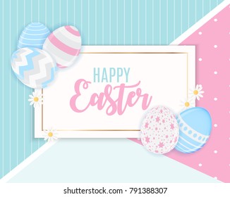Happy Easter Cute Background with Flowers and Eggs. Vector Illustration EPS10