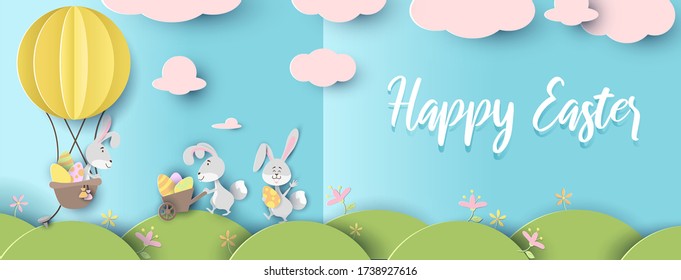 Happy easter cute banner or greeting card vector illustration. Poster in pastel colours and paper style. Spring holiday concept. Grey cheerful bunnies on meadow with eggs