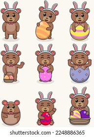 Happy Easter. Cute Bear on the Easter theme in cartoon. Vector illustration. Isolated on white background. Easter holiday vector set.