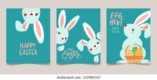 Happy easter. cute bunnies with a basket of eggs and a text logo on a blue background, can be used for a greeting card, you can add text. mockup template vector illustration
