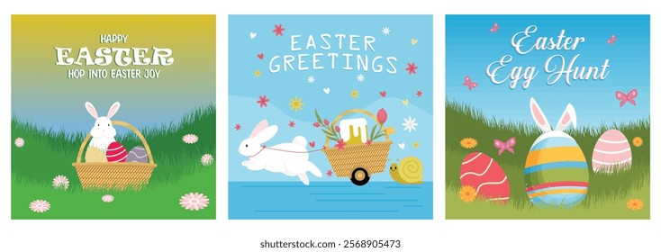 Happy Easter with cute bunnies. Easter Bunny with candy, eggs, and gift in basket. Easter Egg Hunt with meadow background. Easter 2025 concept. Set flat vector illustration.