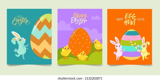 Feliz Pascua. Se pueden usar conejillos y pollitos y huevos pintados de Pascua con el logotipo de texto en el fondo del color, para la tarjeta de saludo, se puede añadir texto. Ilustración vectorial de plantilla de contraposición