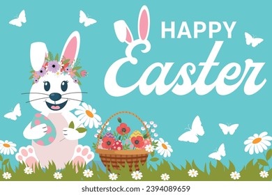 Happy Easter with cute bunnies design. Cute Easter bunny in egg basket. Easter Concept. For banners, posters, cover design templates, social media stories wallpapers and greeting cards.