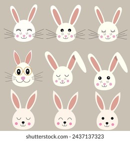 Happy easter cute bunnies in different expressions clip art vector illustration isolated on gray background. For Easter Greeting cards, postcard, and wrapping paper. 