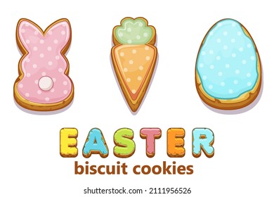 Happy Easter with cute bunnies and egg biscuit cookies. Vector illustration holiday greeting with carrot cookies and inscription.