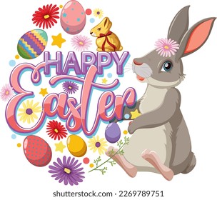 Happy Easter with Cute Bunny for Banner or Poster Design illustration