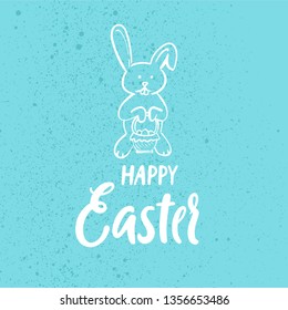 Happy Easter! Cute bunny with a basket full of eggs with modern calligraphy lettering.