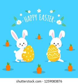 Happy Easter. Cute Easter bunny with carrot and eggs. Vector