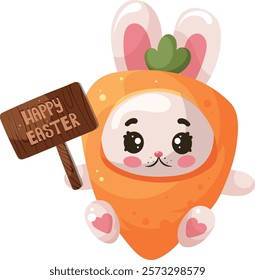 Happy easter. Cute bunny in carrot costume. Easter rabbit. Vector illustration for poster, banner, card, postcard.