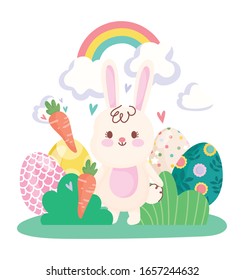 happy easter cute bunny carrots eggs rainbow grass decoration vector illustration