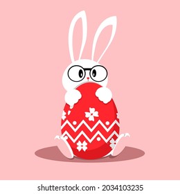 Feliz Pascua. Carácter lindo conejito con gafas abrazando el huevo de Pascua. Vector de ilustración