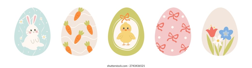 Happy Easter cute bunny, chick and flower egg collection in pastel spring colors