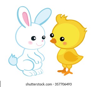 Happy Easter. Cute Easter bunny and a cute chick. Vector illustration. Set Isolated separately on white background.