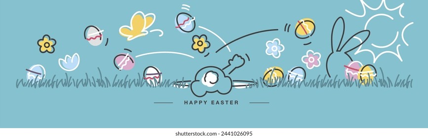 Happy Easter. Cute Easter bunny cleans nesty. Butterfly spring flowers tulips colorful eggs in green grass. Easter egg hunt sea green greeting card